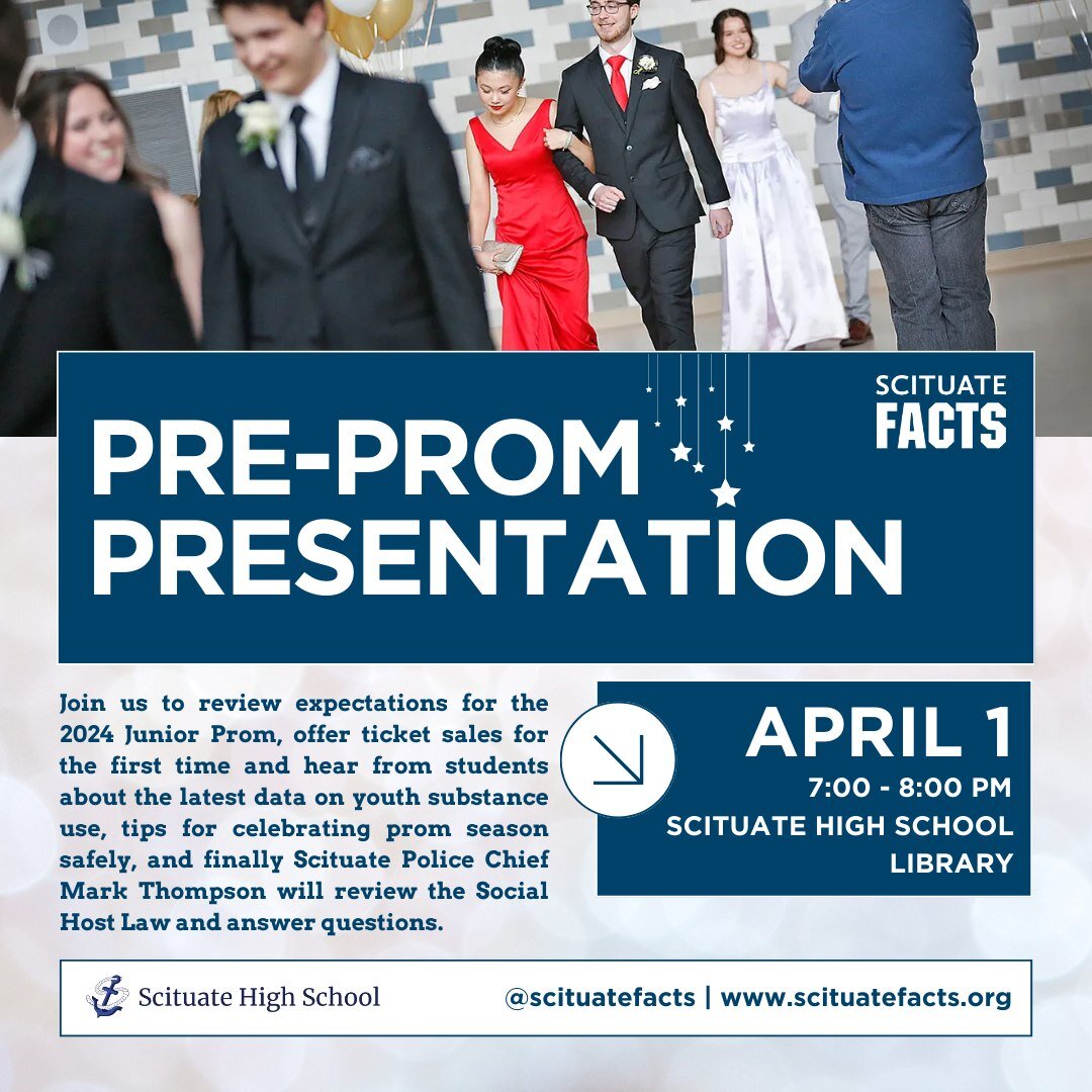 Join us for an important Pre-Prom Presentation with Scituate FACTS! 

🗓️ When: Monday, April 1, 7:00-8:00pm
🏫 Where: Scituate High School Library

Get ready for the Junior Prom! We'll cover expectations, ticket sales ($75 each, payable by check), a