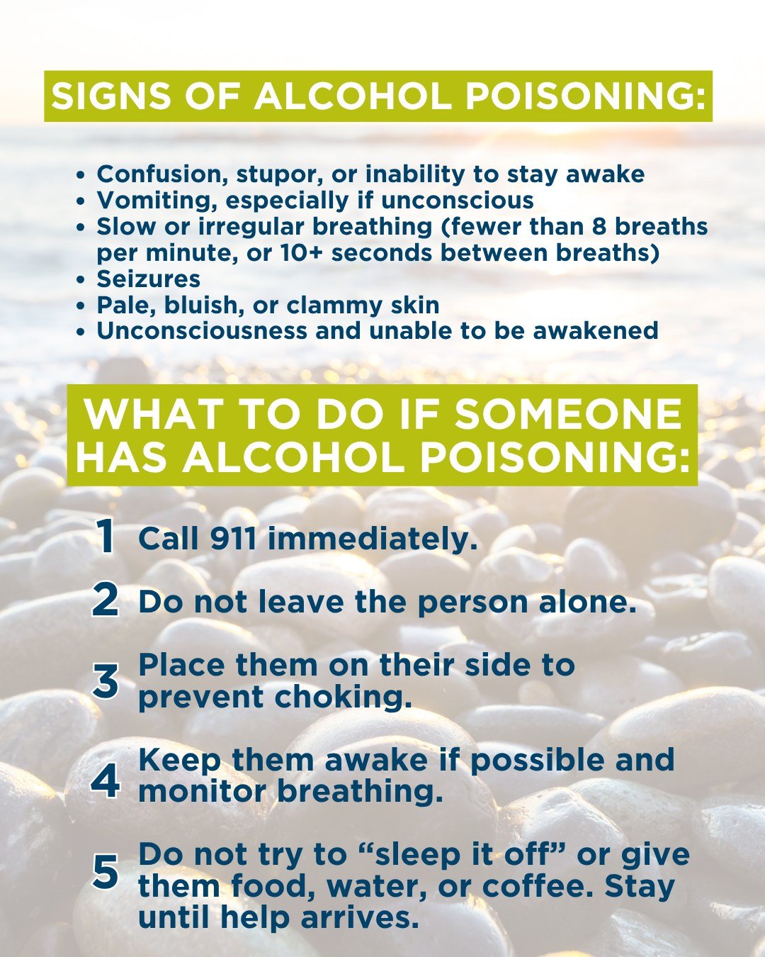 ⚠️ What&rsquo;s the difference between being drunk and more serious risk? Know the signs of alcohol poisoning: confusion, vomiting, slow breathing, seizures, or bluish skin.
If you suspect it, call 911 immediately. Never leave someone alone or try to