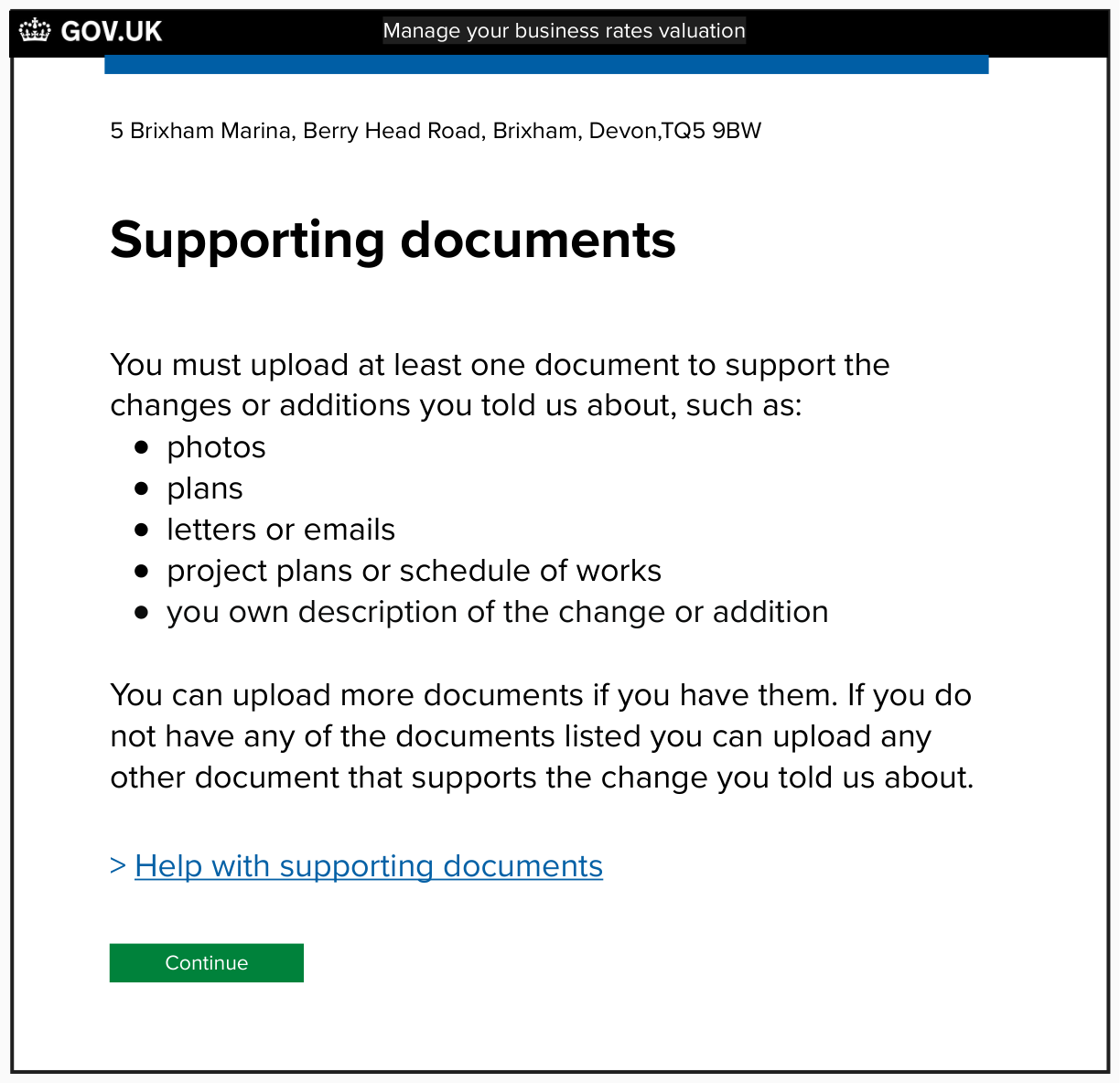 Screen that guides the user about the supporting documents they need to upload