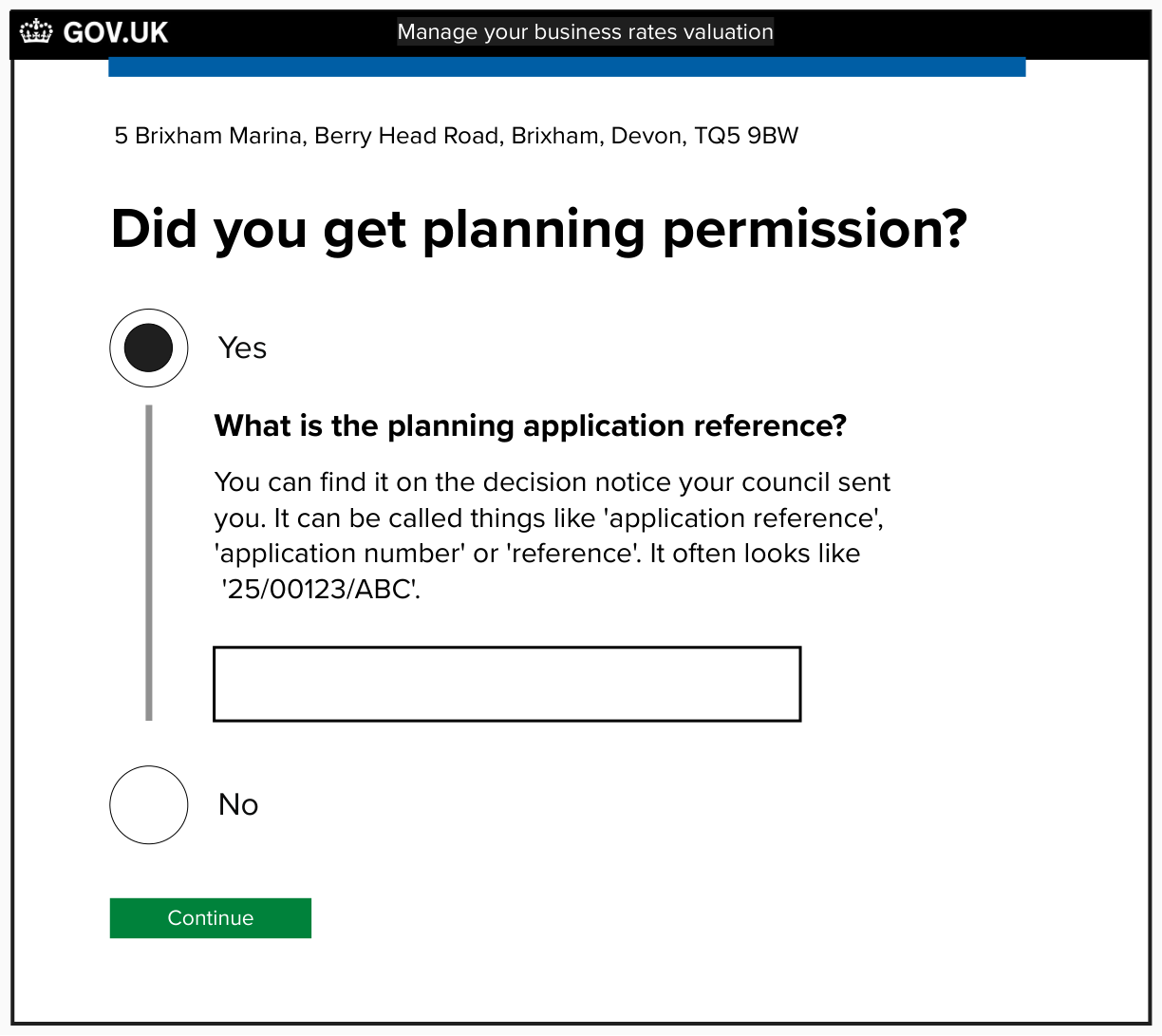 Screen that asks the user if they got planning permission