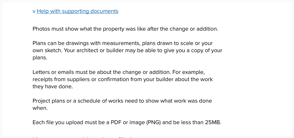 Screen that shows more detail about the supporting documents the user can upload