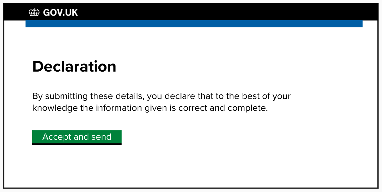 Screen that allows the user to accept a declaration and send the details