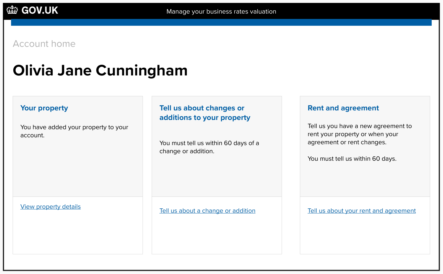 The user's account home, showing that they have added their property to their account (MVP day one users will only have one property) and they can report a change