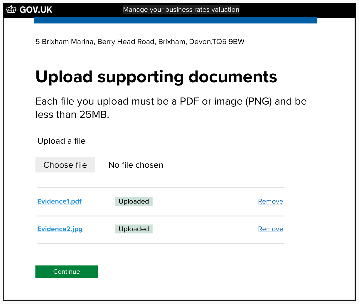 Screen that lets the user upload files