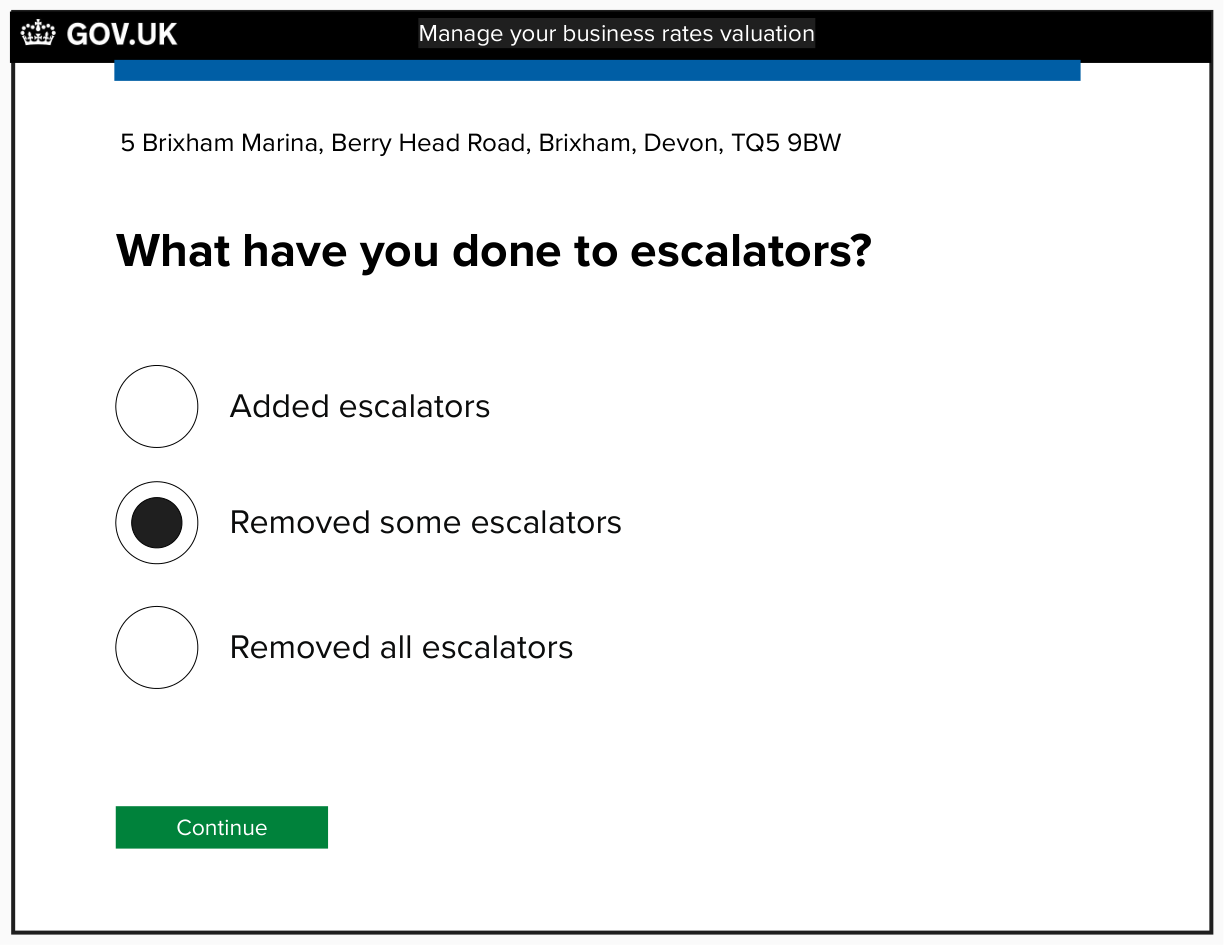 Screen that asks the user what they have done to escalators