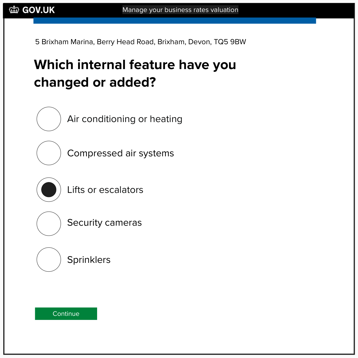 Screen that asks the user which internal feature they changed or added - this is triage step one 