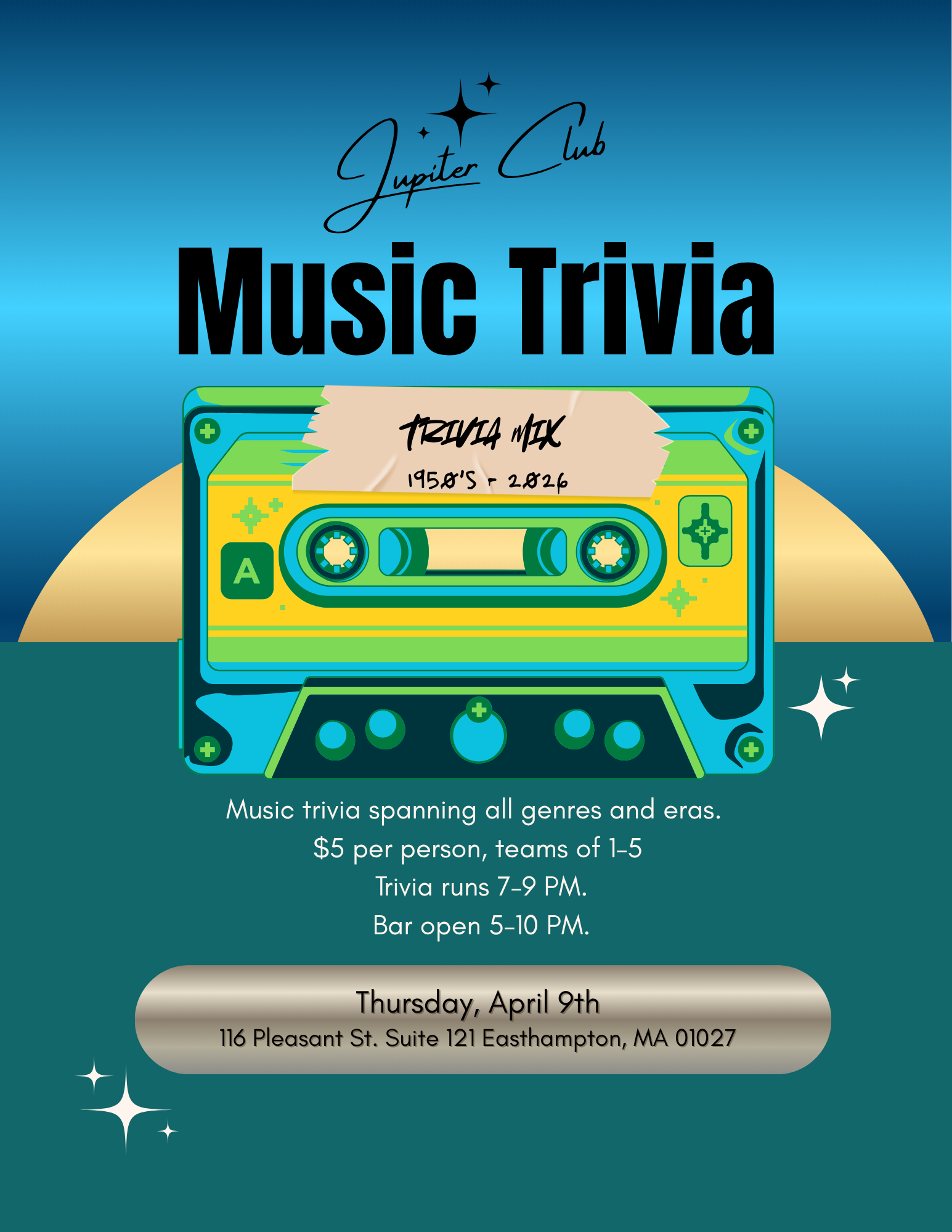 Music Trivia:                                                                        Trivia runs approx 7:00 to 9:00 p.m. Bar open 5:00 to 10:00 p.m.