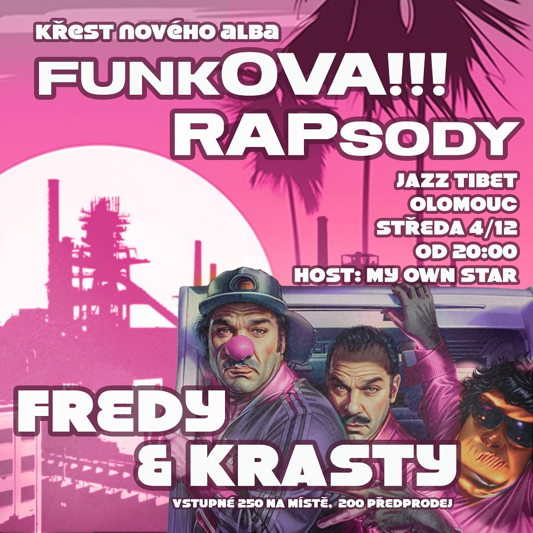 👋🏻 Ahoj Olomouc, zveme tě na: 🍾 Křest na&scaron;eho nov&eacute;ho alba 🔥💣 funkOVA!!! RAPsody, 4.12. 😍 v olomouck&eacute;m Jazz Tibet Club.

.
#fredyakrasty #kapela #koncert #olomouc #akceolomouc #akce