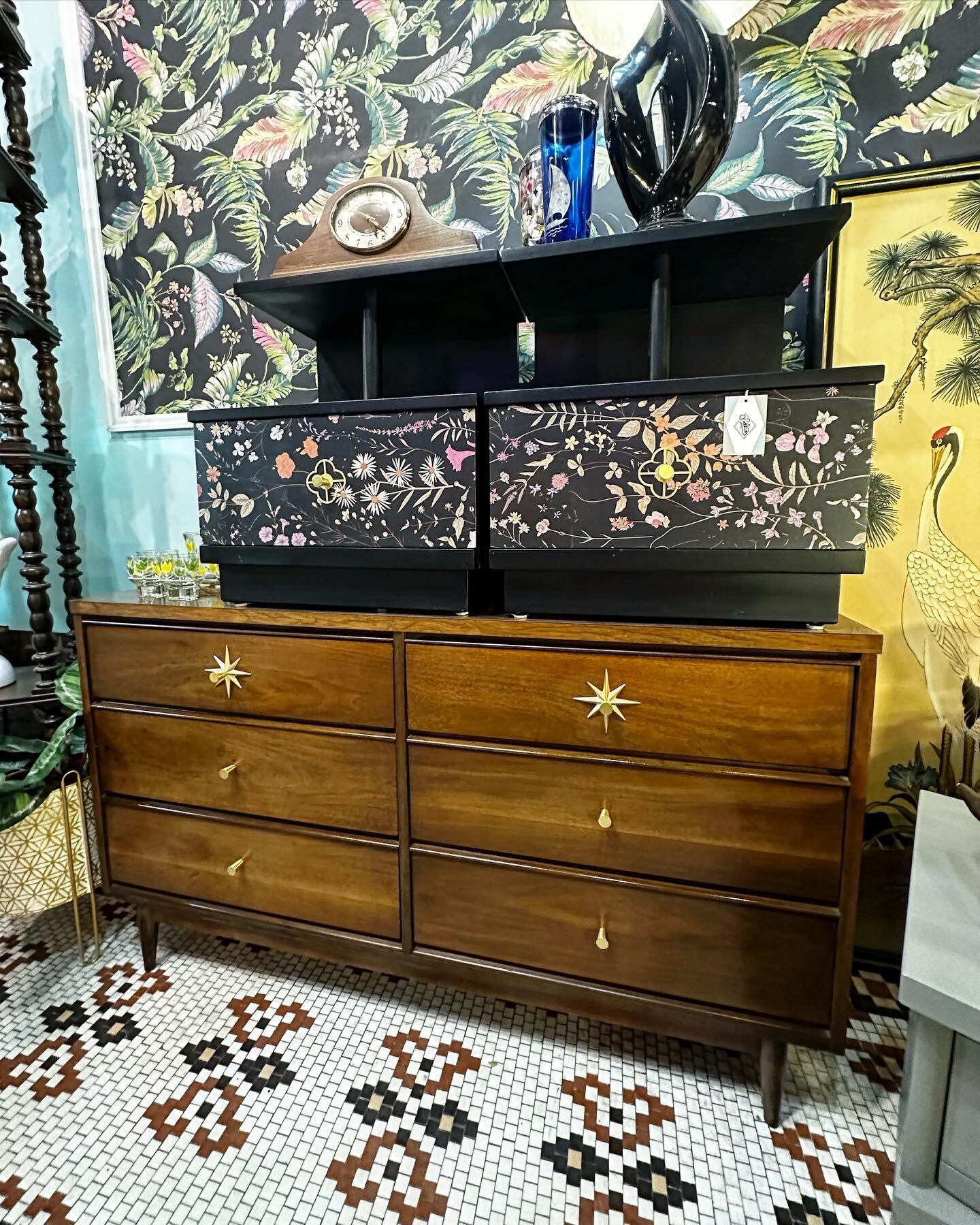 We added a little extra vintage flair to this mid century dresser with these awesome drawer pulls! 54&rdquo; long x 31.5&rdquo; high x 18&rdquo; deep $425-