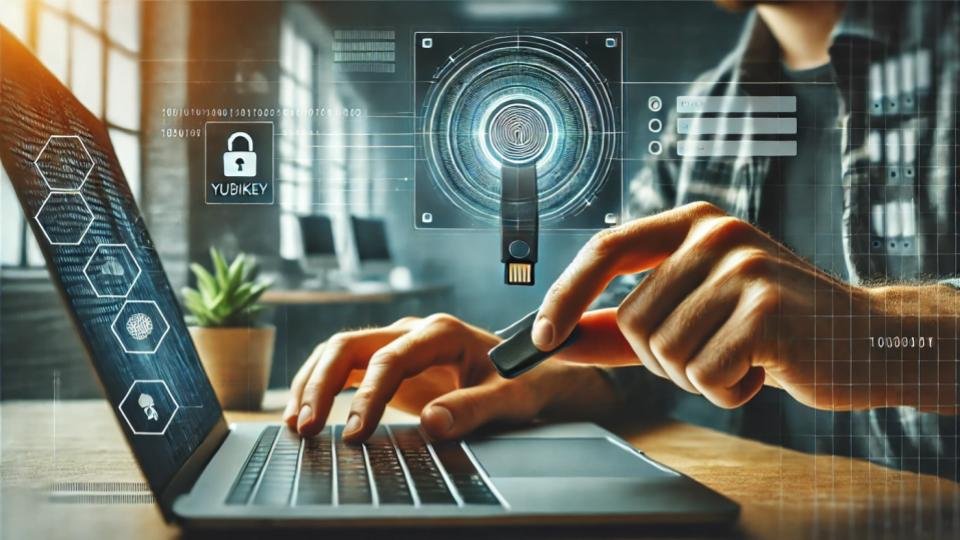 Man using a Yubikey to log into a computer