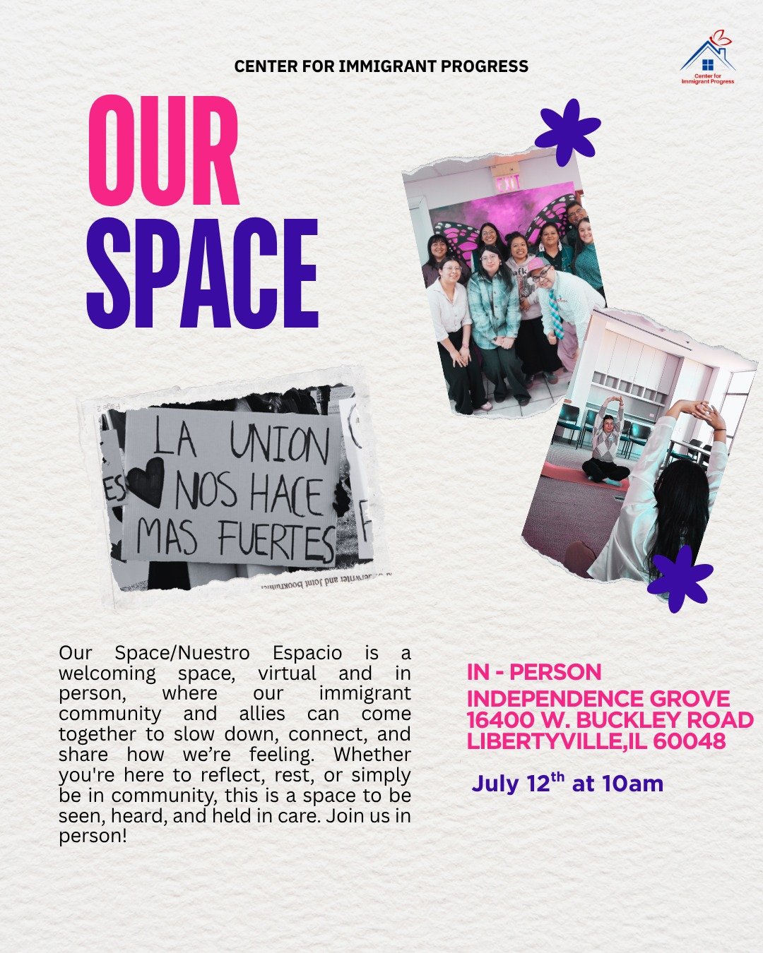 Join us next Saturday for an in-person community check-in at Independence Grove! A space for connection, rest, and joy.
¡Acompáñenos el próximo sábado a una reunión comunitaria en Independence Grove! Un espa