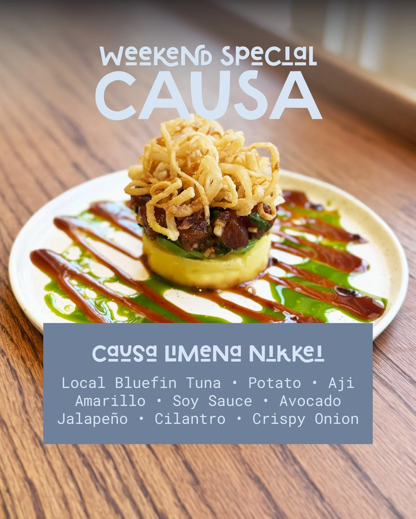 THIS WEEKEND ONLY, try our Causa dish while supplies last, starting at 11AM tomorrow! This Causa is a classic Peruvian seafood dish with chilled seasoned potato. We have put a Japanese (Nikkei) twist on it with local bluefin tuna. Come and get it bea