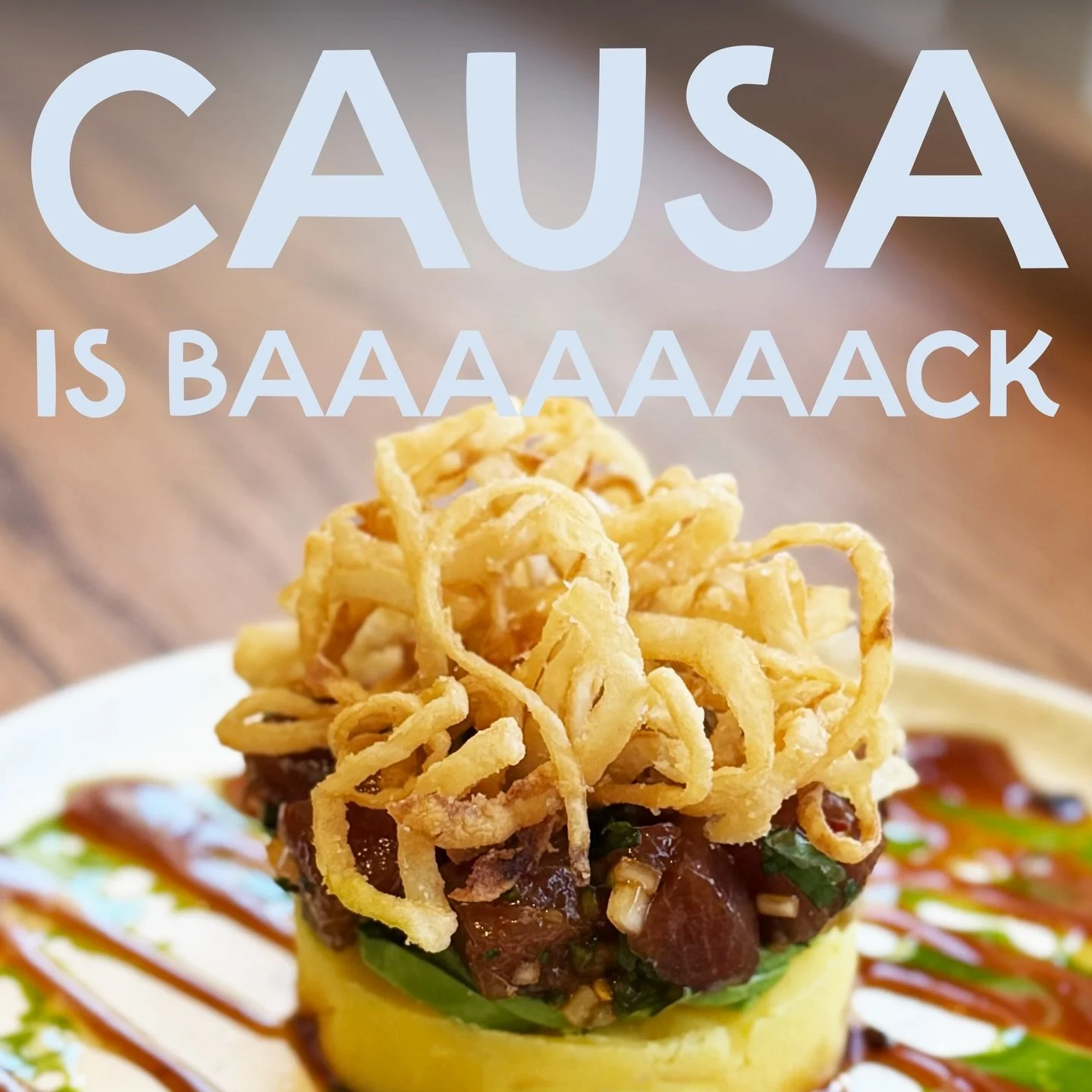 Causa is back! Saturday and Sunday, we&rsquo;ll be featuring our bluefin tuna dish🐟 with potato, avocado, jalape&ntilde;o, aj&iacute; amarillo and cilantro with crispy onion on top. Pairs well with our organic wines 🍷 and Peruvian beer 🍺
