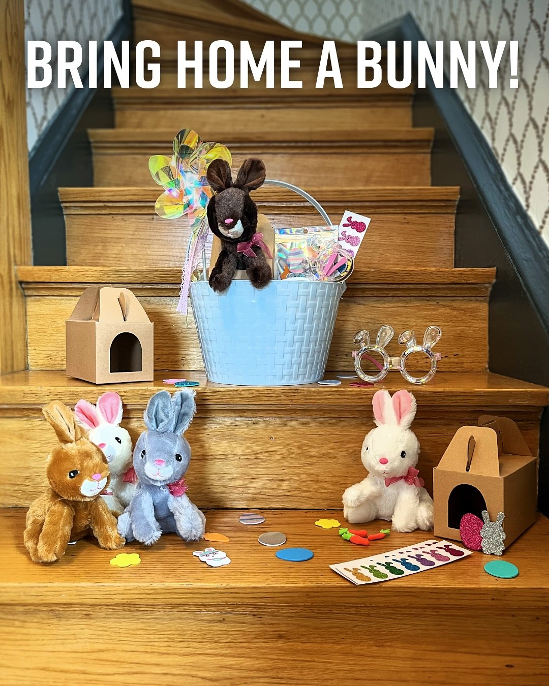 🐰✨ Bring home a bunny! ✨🐰

Each Bunny Basket includes: &bull; 1 soft + squishy bunny stuffie (color varies)
&bull; 1 bunny house to decorate with stickers
&bull; Air-dry clay to make tiny bunny carrots 🥕
&bull; Personalized glitter shaker bunny gl