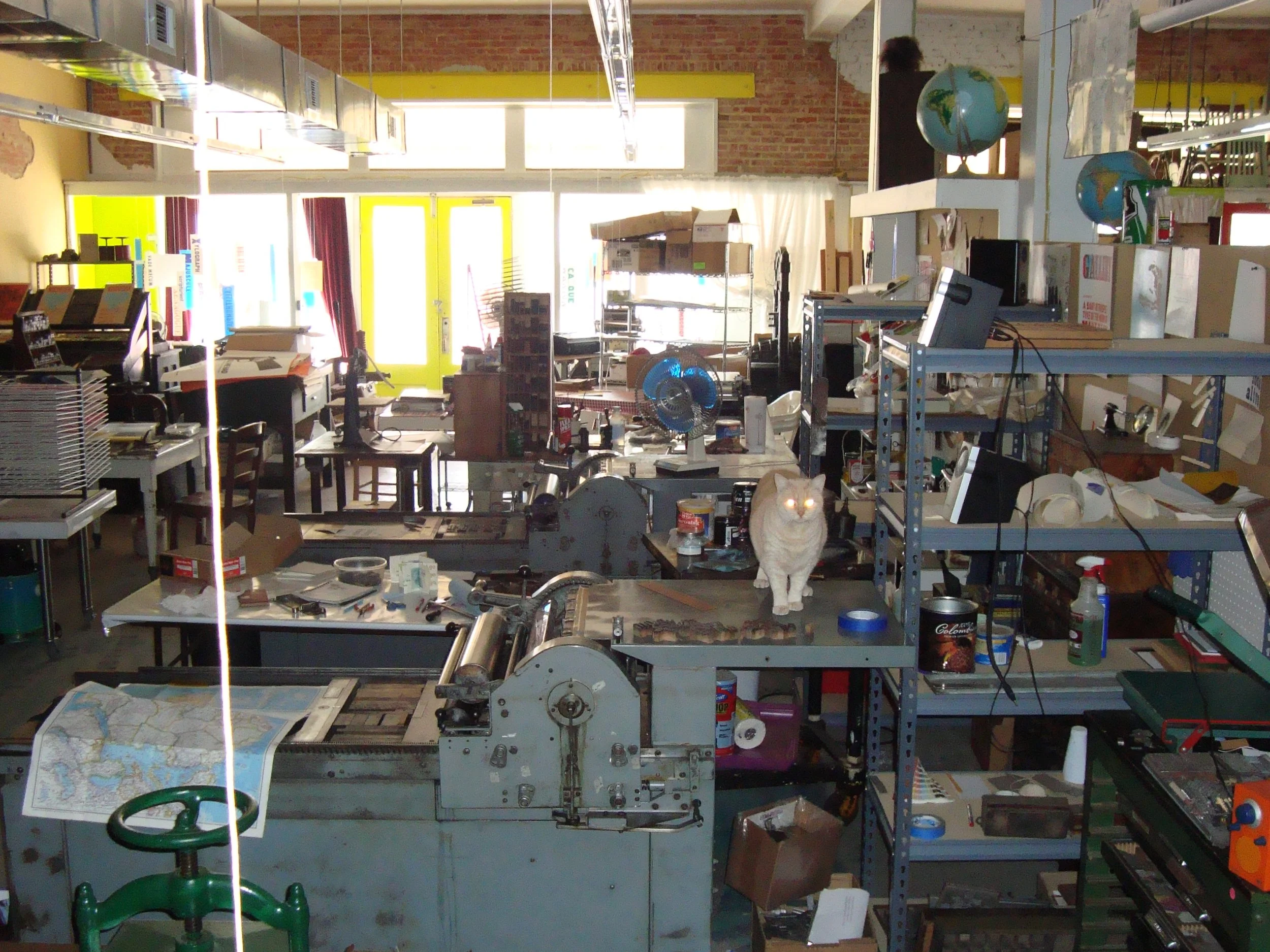 Gordo, Alabama: 2009-2011
I was invited (with my cat Luna) to move into an apartment in a printshop in Gordo, Alabama and work with Glenn House Sr., Kathy Fetters and Amos Paul Kennedy. I used their equipment and acquired and fixed my SP-15 while liv