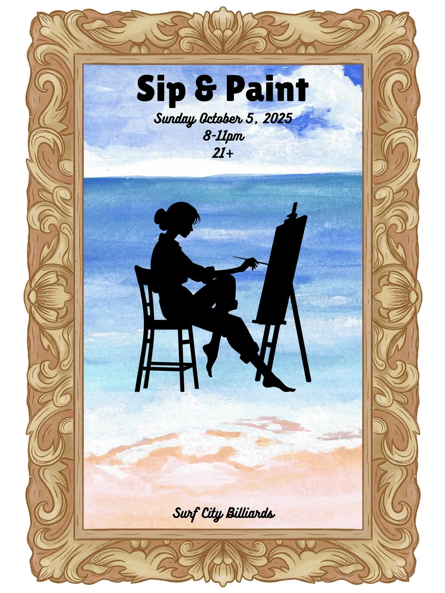 🎨 This Sunday is our Sip &amp; Paint night! 🎨 

Come drink some wine with friends &amp; show off your paint skills. Any canvas donated back to Surf City Billiards will be posted on our gallery wall!! 

#localart #surfcitybilliards #paintnight #sipa