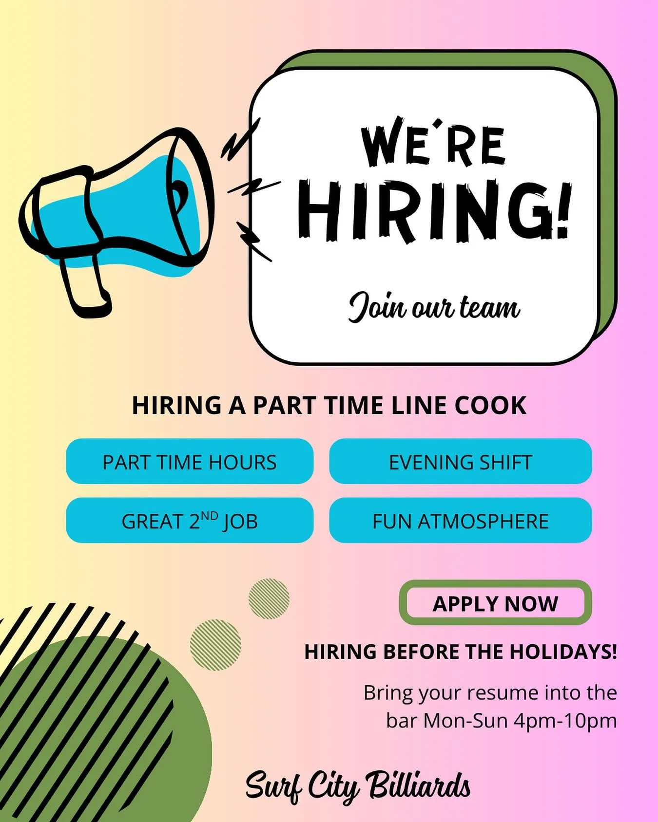 We are HIRING for a LINE COOK!! 

Here&rsquo;s the gig:
&bull;part time ~15-20hrs/week
&bull;Independent cook (requires experience!)
&bull;fun atmosphere &amp; team mentality 

Bring your resume into the bar Mon-Sun 4-10pm!
#cook #linecook #hiring #s