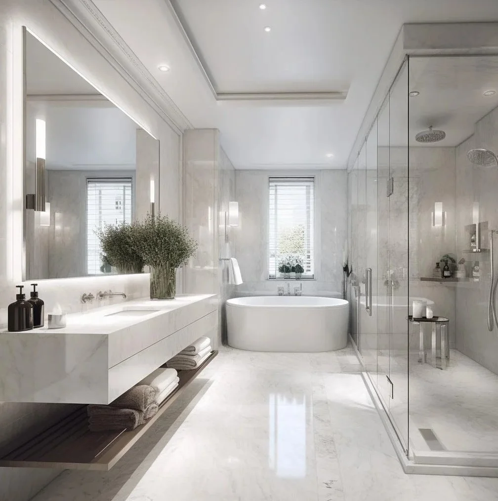 Texto Alt: Diseño de baño de lujo en mármol blanco con bañera exenta escultural, ducha de lluvia acristalada y lavabo flotante de piedra natural en un apartamento señorial de Londres.
