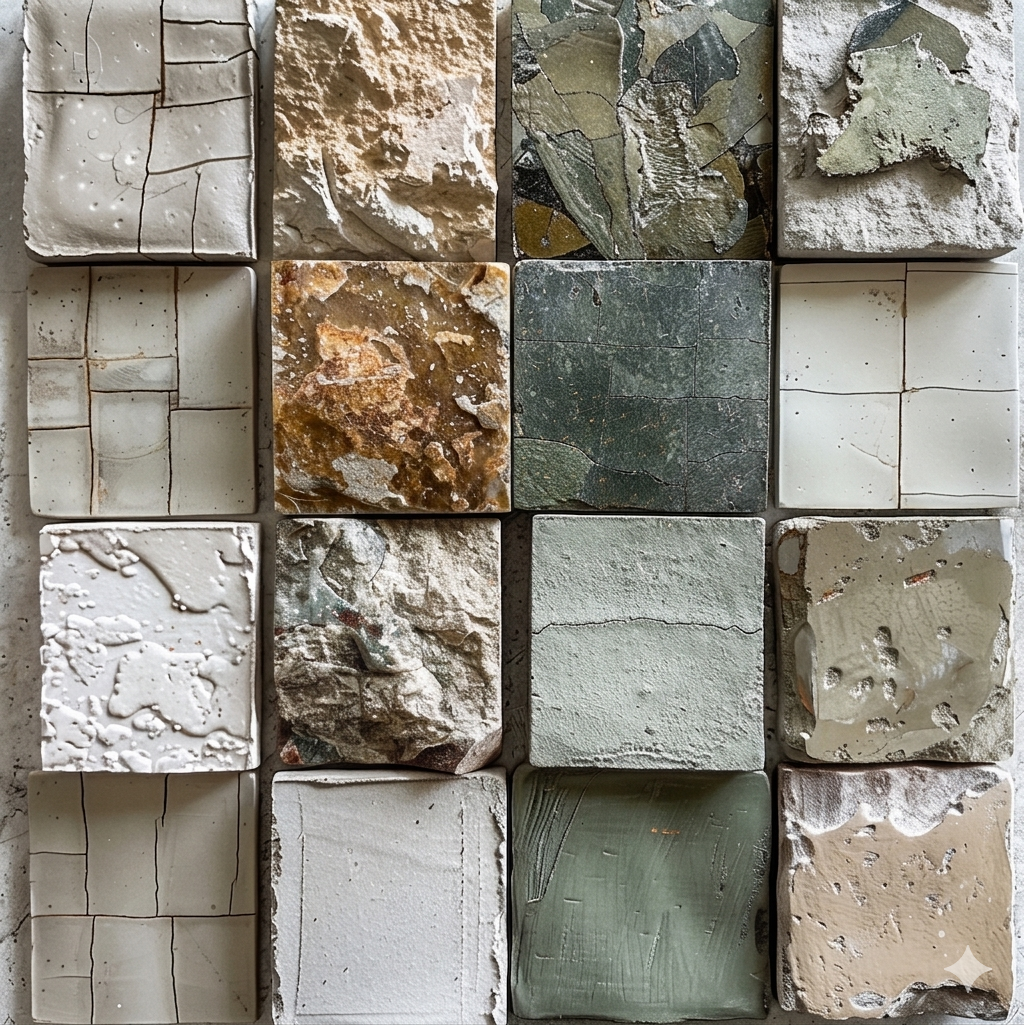 Curated material palette for a luxury interior design project in Barcelona, featuring raw concrete samples, earthy minerals, and industrial textures in a grid layout by Sebastian PM.