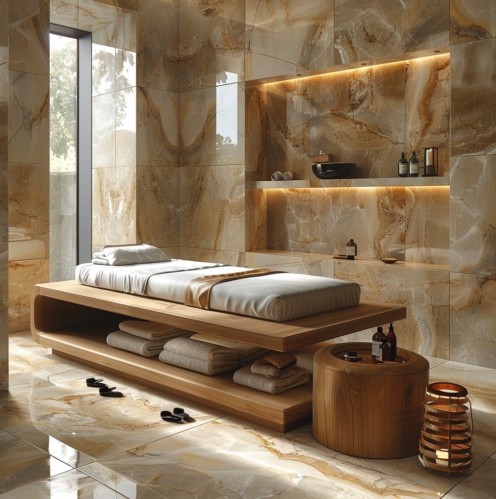 Luxury spa treatment room in Madrid featuring full-height earth-toned marble walls, a bespoke minimalist wooden massage table, integrated warm LED lighting, and natural stone flooring, designed by Sebastian PM.