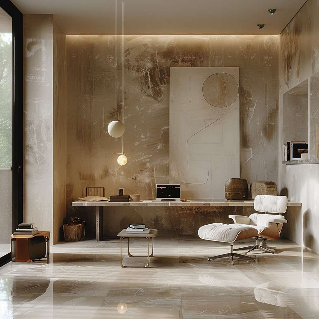 Luxury home office design in a Barcelona urban loft featuring marble flooring, contemporary artwork, a minimalist desk with Eames Lounge Chair, and industrial sophisticated textures by Sebastian PM.