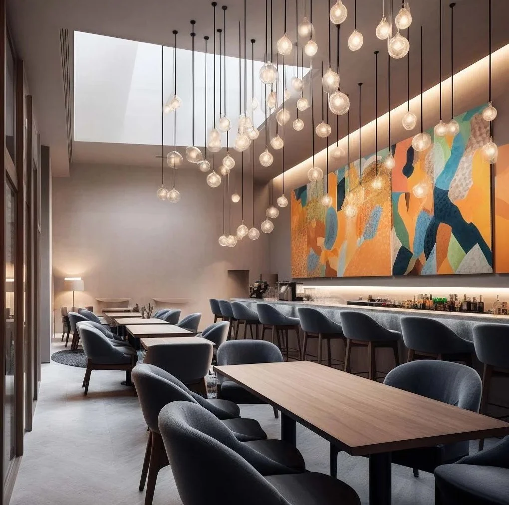 Upscale hotel restaurant in Madrid with a massive colorful wall mural, a rain of glass pendant lights, and contemporary blue velvet chairs.