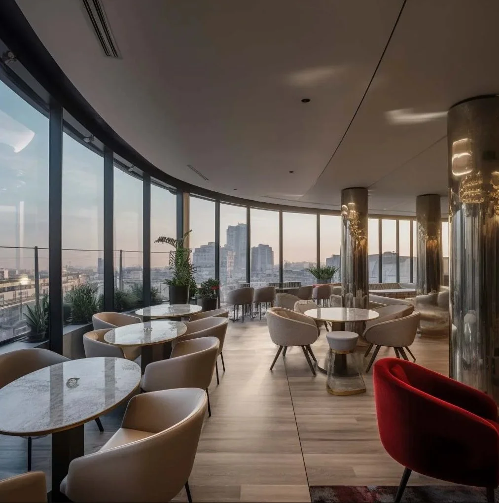Luxury hotel rooftop bar in Madrid with panoramic city views, marble-topped tables, curved designer lounge chairs, and reflective chrome columns, designed by Sebastian PM.