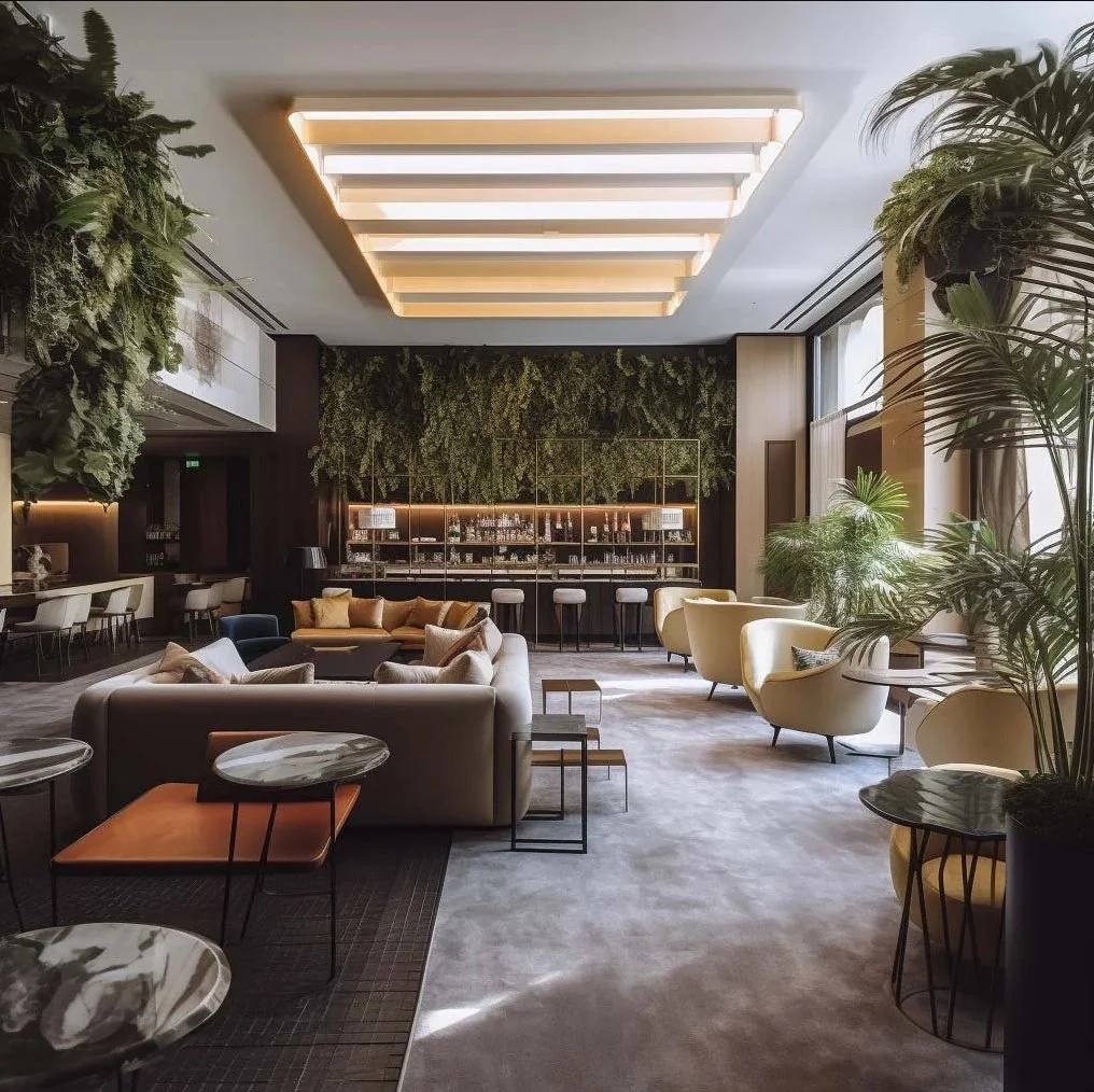 Grand boutique hotel lobby in Paris featuring a soaring vertical garden living wall, plush cream lounge seating, marble-topped side tables, and a layered geometric ceiling light installation.
