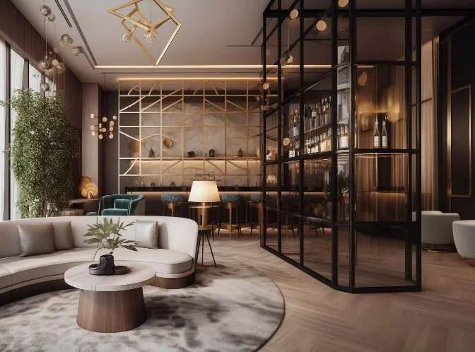 Upscale hotel bar in Madrid featuring a golden geometric backbar, curved velvet seating, mid-century modern pendant lighting, and a glass-enclosed wine cellar