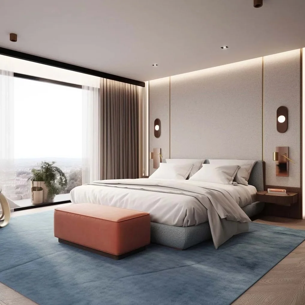 Luminous guest room at a Paris luxury hotel featuring a warm terracotta ottoman, a textured grey bed, and a plush cerulean blue rug, all set against a neutral textured wall and expansive windows with Parisian city views