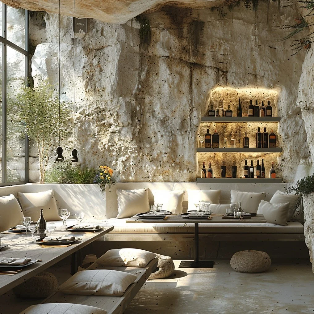 Luxury cave bar interior featuring natural rock-integrated wine shelving, bespoke lounge seating with beige textiles, and organic Mediterranean architecture designed by Sebastian PM