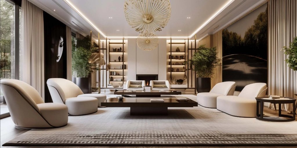 Luxury boutique hotel lounge in Madrid featuring monochromatic cream lounge chairs, monolithic dark wood coffee tables, gold biomorphic chandeliers, and a fireplace framed by integrated backlit shelving.