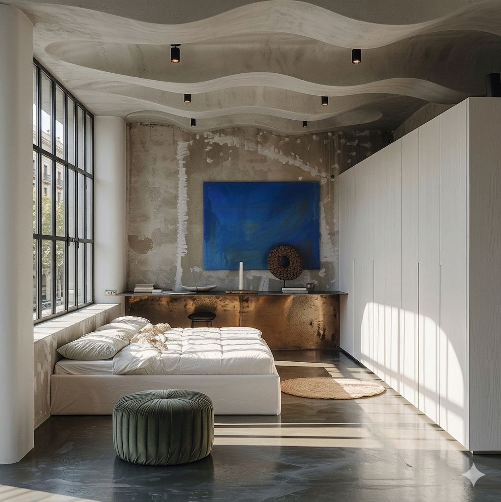 Luxury master bedroom in a Barcelona loft featuring a custom wave-like kinetic ceiling, industrial raw concrete walls, large factory-style windows, and contemporary minimalist furniture by Sebastian PM.