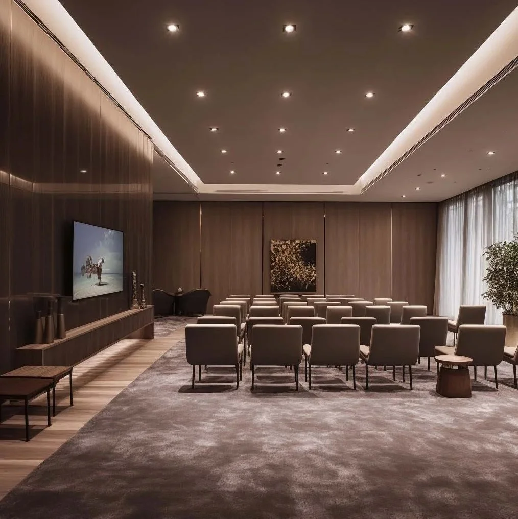 Luxury hotel boardroom in Madrid featuring a serpentine crystal chandelier, reflective black ceiling, custom oak bookshelves, and leather executive seating