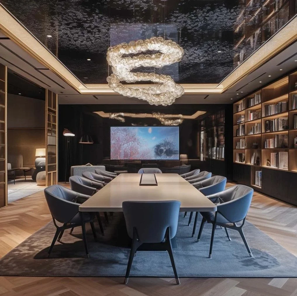 Luxury hotel meeting room in Madrid featuring a sculptural serpentine chandelier, reflective black ceiling, oak bookshelves, and leather executive chairs.