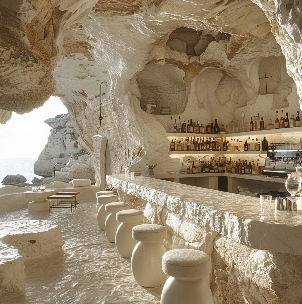 Luxury organic cocktail bar carved into a white stone sea cave, featuring a monolithic stone counter, minimalist white stools, and a view of the Mediterranean coastline, designed by Sebastian PM