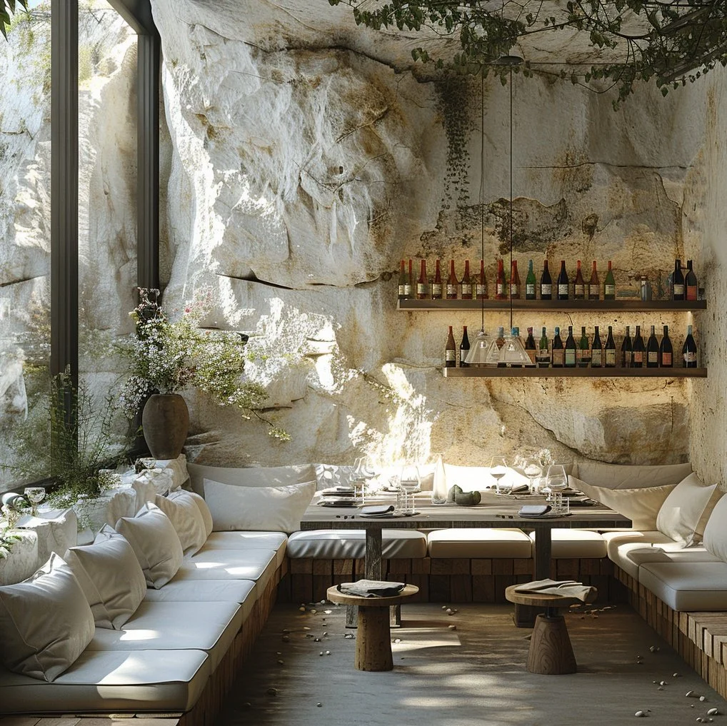 Detail of luxury lounge seating in a Mediterranean cave bar, featuring bespoke beige sofas, solid wood stools, and integrated stone wine shelving under natural skylight, designed by Sebastian PM.