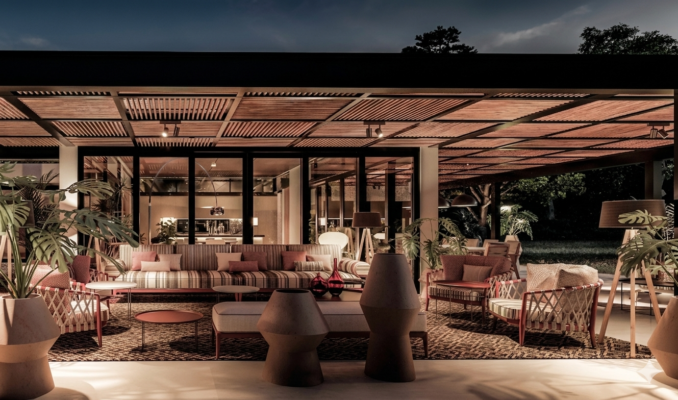 Bespoke outdoor lounge area at night, featuring architectural lighting, designer woven furniture, and a modern wooden pergola with integrated spotlights in a Mallorca villa.