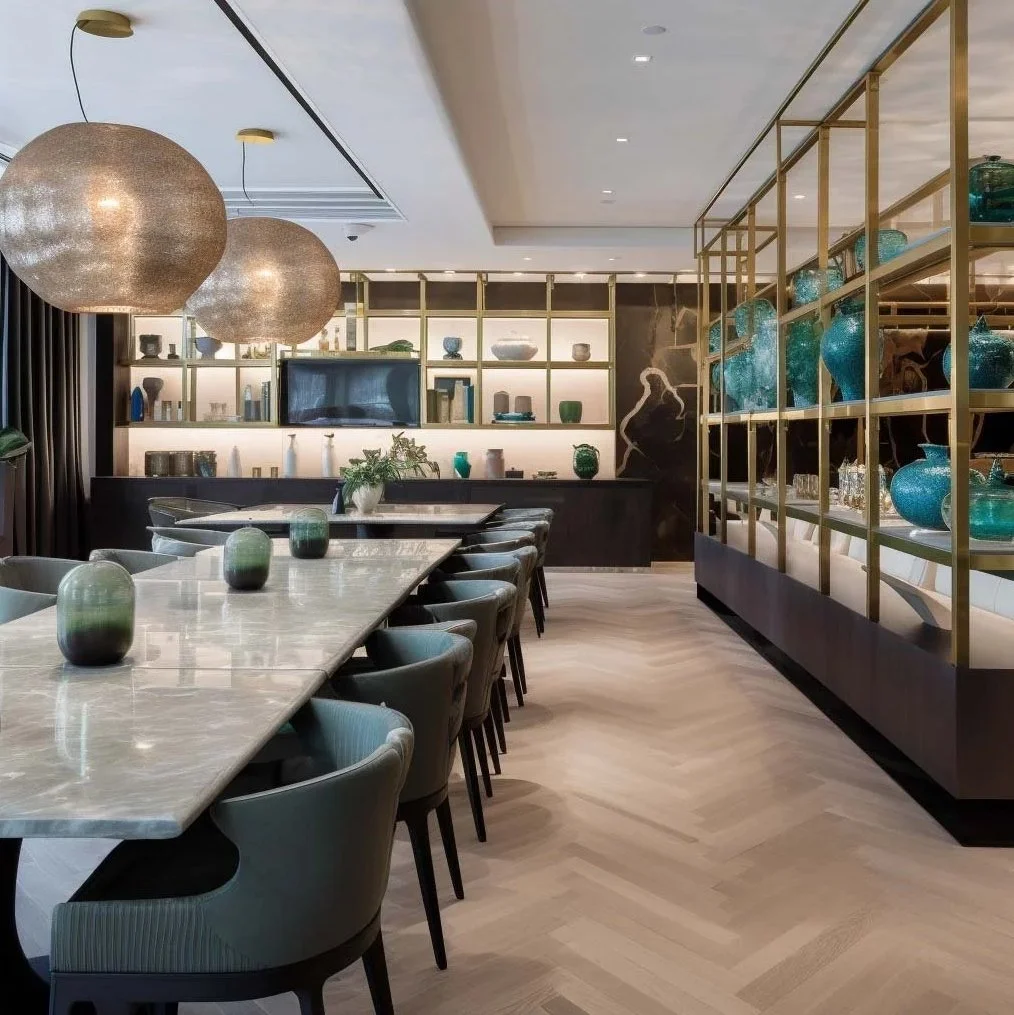 Upscale hotel bar in Madrid featuring long marble dining tables, teal velvet chairs, and a grand brass display shelf with turquoise glass vases on light wood herringbone flooring.