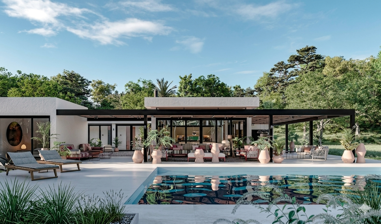 Architectural view of a modern luxury villa in Mallorca with a large swimming pool, an extensive terrace under a metal pergola, bespoke designer furniture, and lush Mediterranean landscaping, designed by Sebastian PM.