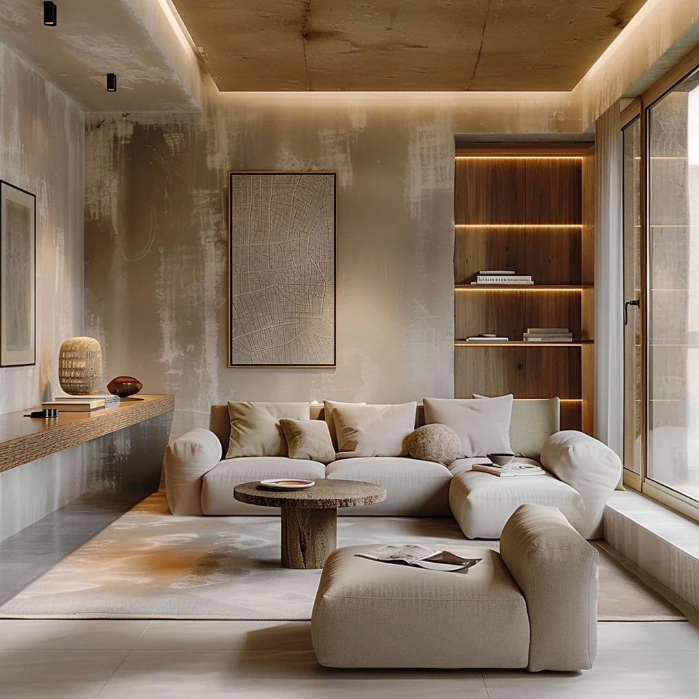 Warm minimalist living room in a Barcelona Eixample apartment, featuring a bespoke beige modular sofa, raw concrete-textured walls, custom noble wood shelving with integrated lighting, and a solid wood coffee table, designed by Sebastian PM