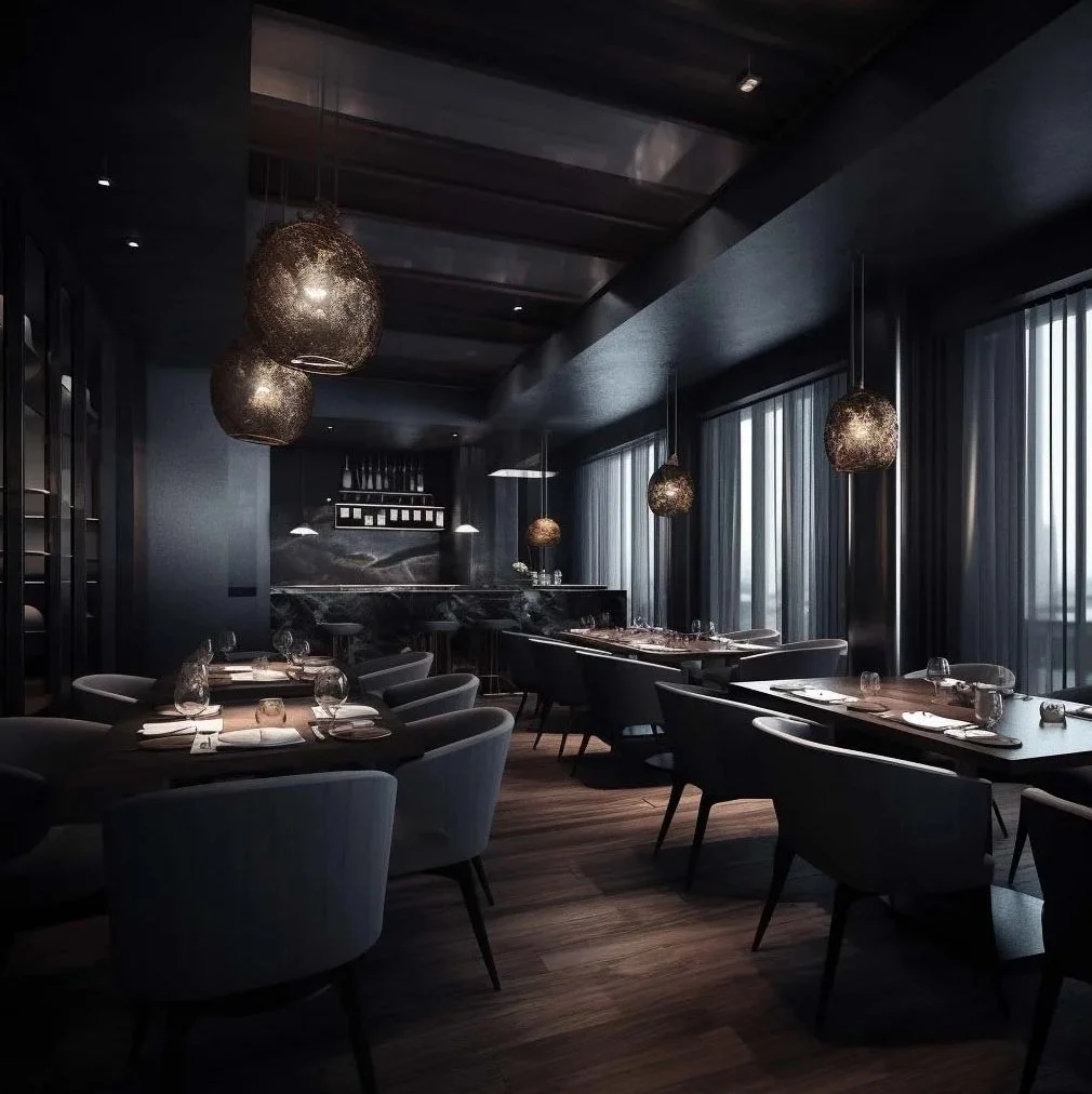 Moody luxury rooftop restaurant in Paris featuring a sleek black marble bar, dark timber dining tables, orb pendant lighting, and a cinematic "intimate-noir" atmosphere with city views.