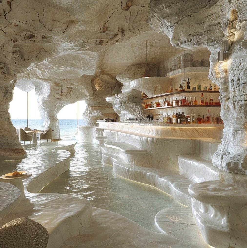 Interior of a luxury cave bar with fluid organic architecture, featuring white stone-carved tiered seating, an integrated illuminated bar, and open views to the Mediterranean sea, designed by Sebastian PM