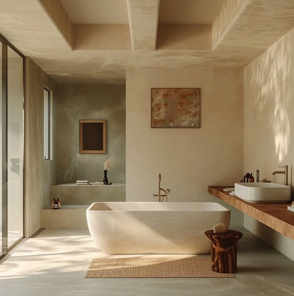 Minimalist luxury bathroom in Valencia with a freestanding stone bathtub, architectural shower steps, and warm Mediterranean natural light.
