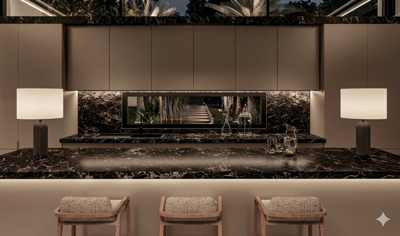 Sophisticated luxury kitchen design featuring a dramatic black marble island with white veining, integrated ambient lighting, and designer bar stools in a Mallorca villa by Sebastian PM