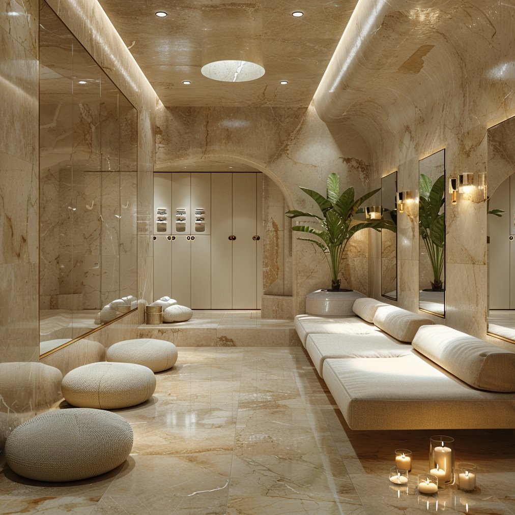 Luxury biomorphic retail hall in Madrid with earth-toned marble walls, organic arched doorways, bespoke floor cushions, and minimalist integrated lighting, designed by Sebastian PM.