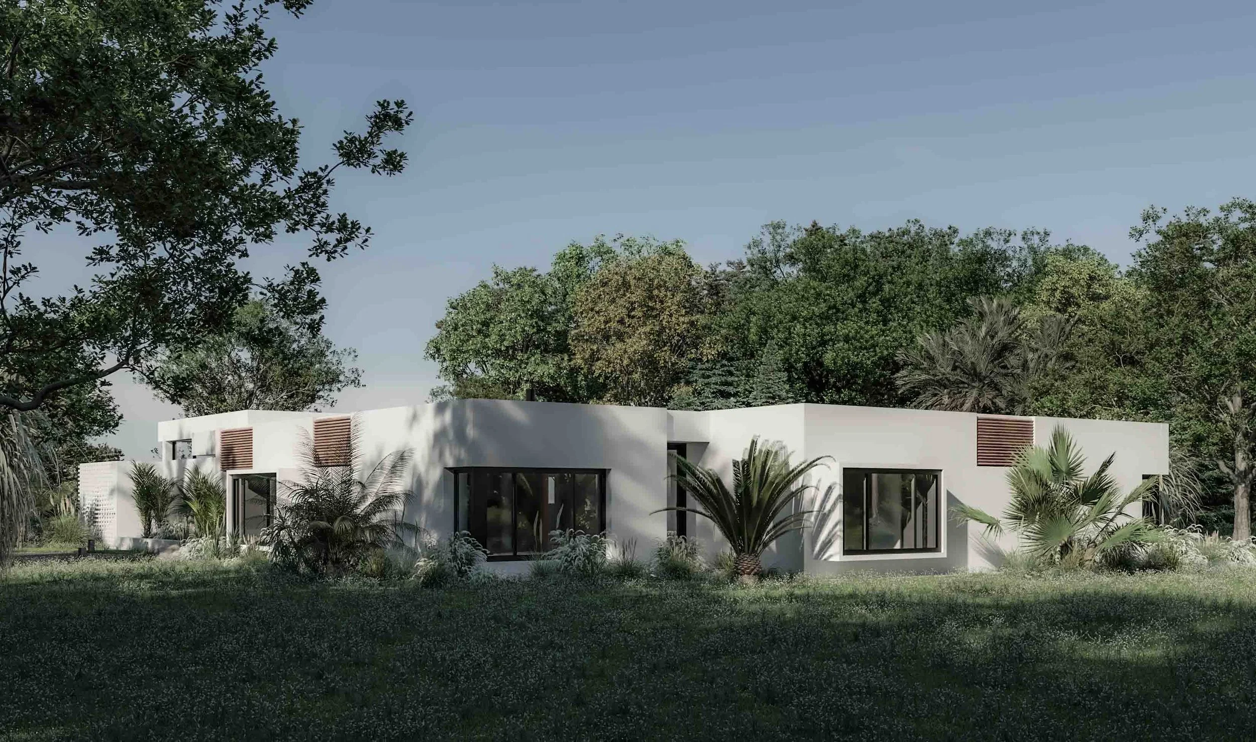 Exterior view of a modern luxury villa in Mallorca showcasing the white architectural bedroom wing with curved lines, minimalist windows, and lush Mediterranean garden integration by Sebastian PM.