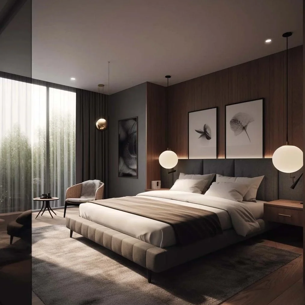 Luxury king suite in Madrid featuring dark oak wood paneling, globe pendant lights, a tufted grey bed frame, and botanical art photography