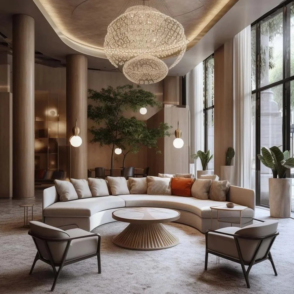 Luxury hotel lobby in Madrid featuring a large sculptural crystal chandelier, a bespoke curved cream sofa, mid-century lounge chairs, and floor-to-ceiling wood paneling, designed by Sebastian PM.