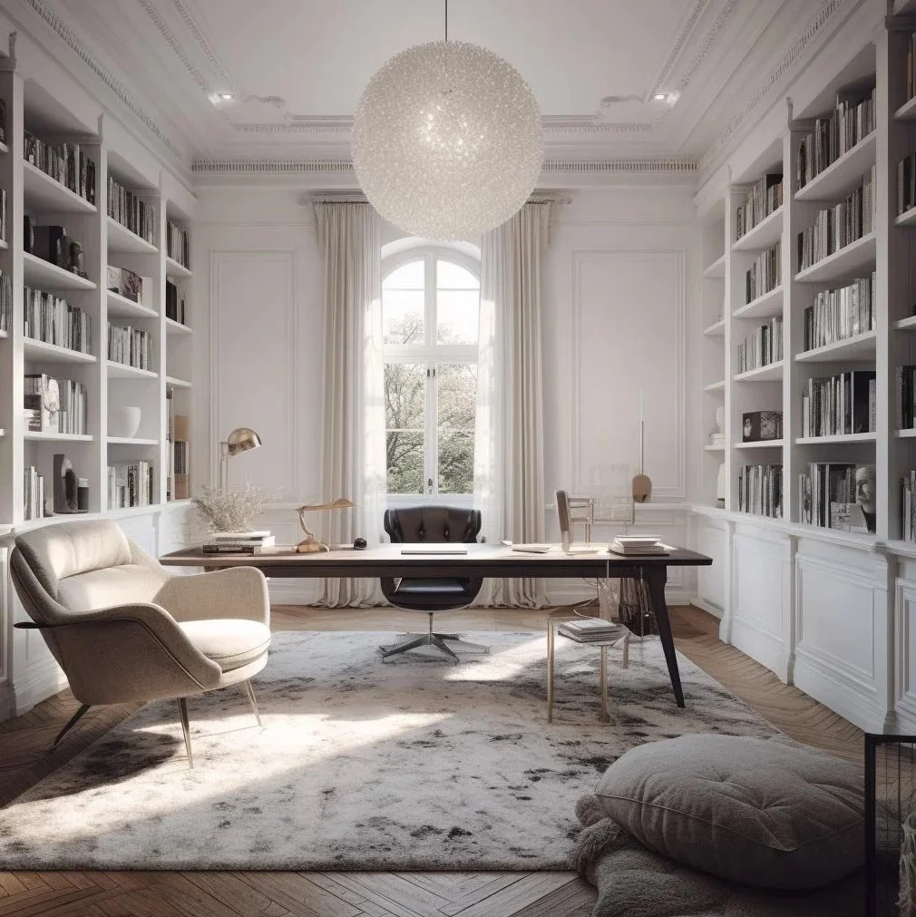 Luxury executive home office featuring floor-to-ceiling white artisanal bookshelves, a solid timber desk, and a large spherical pendant light in a neofclassical London apartment.